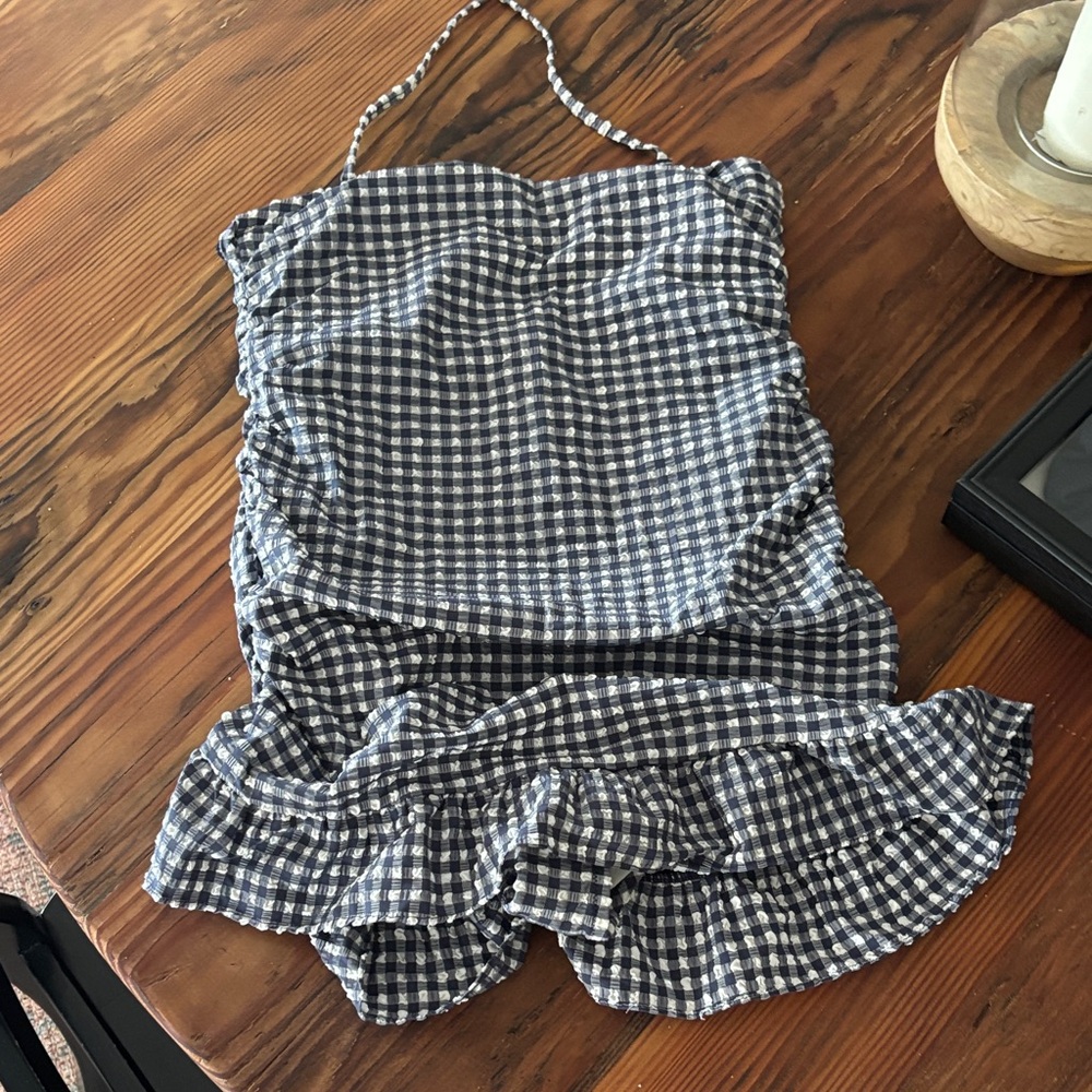 J. Crew Navy & White Gingham Ruffle One-Piece Swimsuit